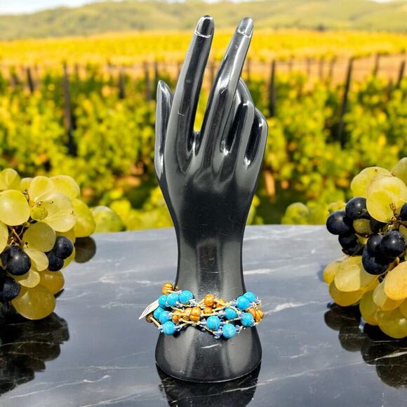 Multi Strand Bracelet Brown Fresh-Water Pearls & Turquoise Sterling Silver Clasp - Picture 2 of 8